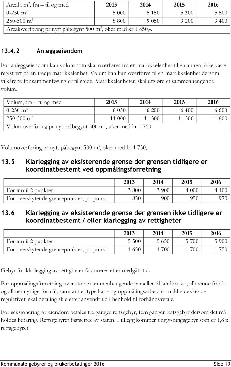 Volum, fra til og med 2013 2014 2015 0-250 m³ 6 050 6 200 6 400 6 600 250-500 m³ 11 000 11 300 11 500 11 800 Volumoverføring pr nytt påbegynt 500 m 3, øker med kr 1 750 Volumoverføring pr nytt