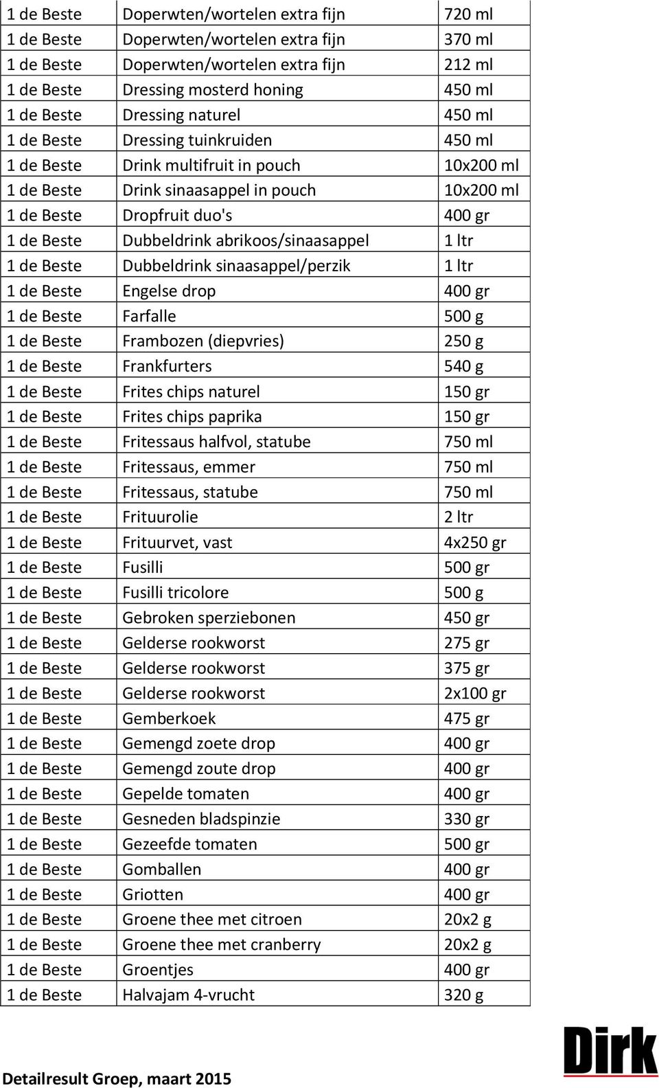 Beste Dubbeldrink abrikoos/sinaasappel 1 ltr 1 de Beste Dubbeldrink sinaasappel/perzik 1 ltr 1 de Beste Engelse drop 400 gr 1 de Beste Farfalle 500 g 1 de Beste Frambozen (diepvries) 250 g 1 de Beste