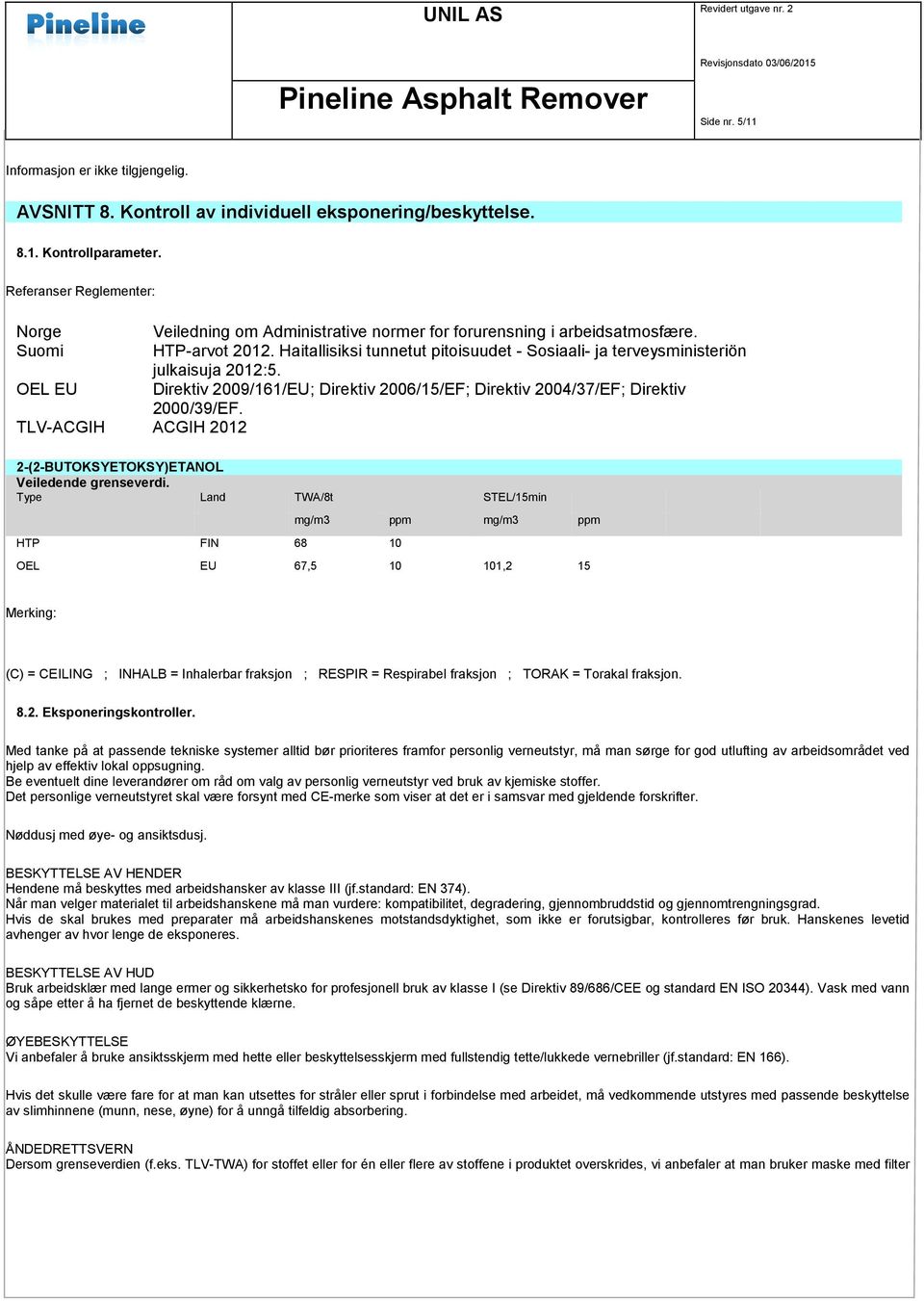 OEL EU Direktiv 2009/161/EU; Direktiv 2006/15/EF; Direktiv 2004/37/EF; Direktiv 2000/39/EF. TLV-ACGIH ACGIH 2012 2-(2-BUTOKSYETOKSY)ETANOL Veiledende grenseverdi.