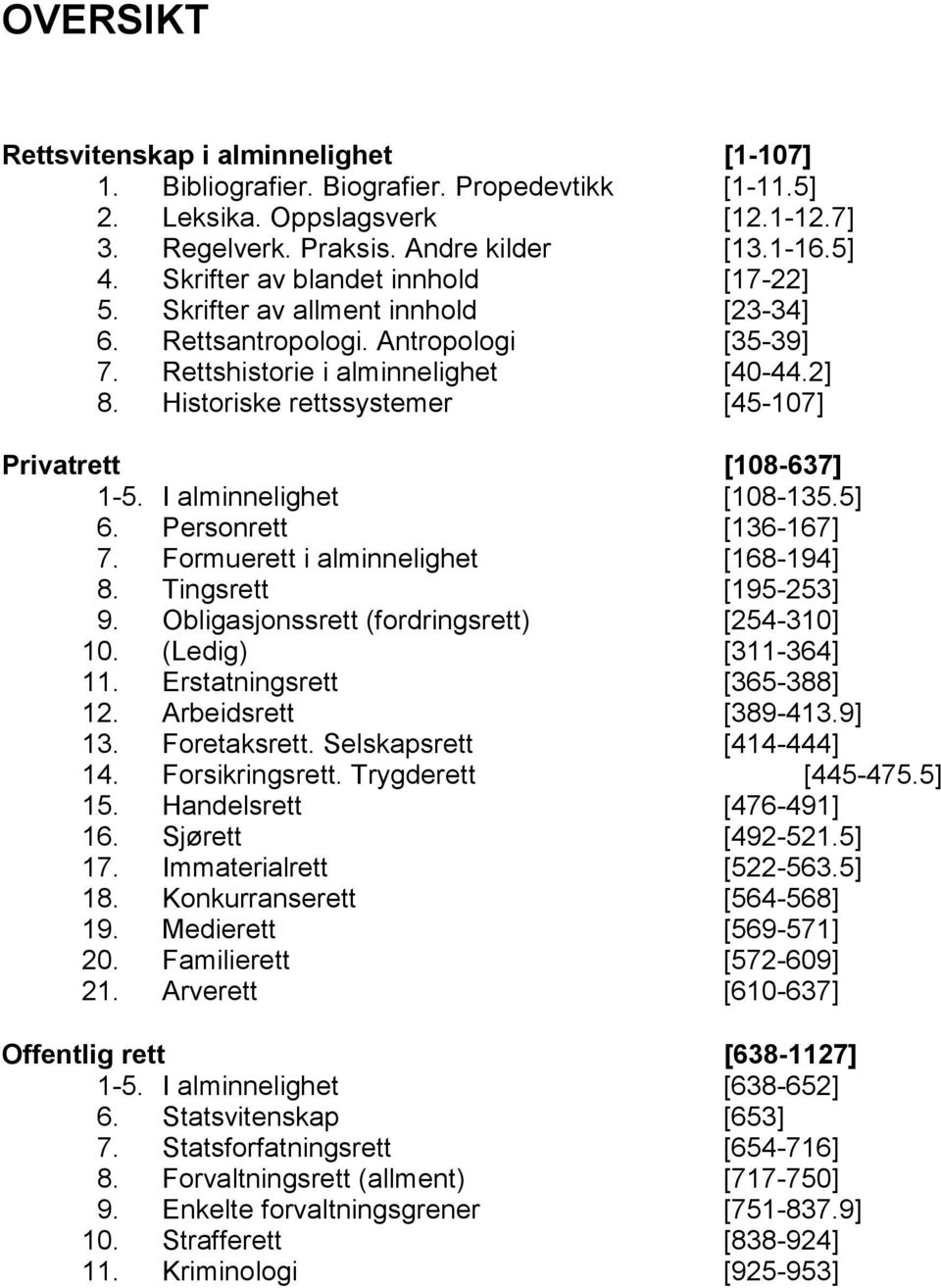 Historiske rettssystemer [45-107] Privatrett [108-637] 1-5. I alminnelighet [108-135.5] 6. Personrett [136-167] 7. Formuerett i alminnelighet [168-194] 8. Tingsrett [195-253] 9.