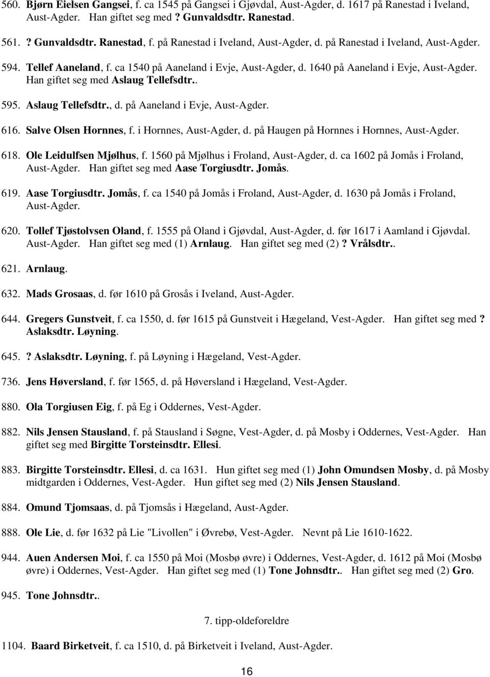 Aslaug Tellefsdtr., d. på Aaneland i Evje, 616. Salve Olsen Hornnes, f. i Hornnes, Aust-Agder, d. på Haugen på Hornnes i Hornnes, 618. Ole Leidulfsen Mjølhus, f.