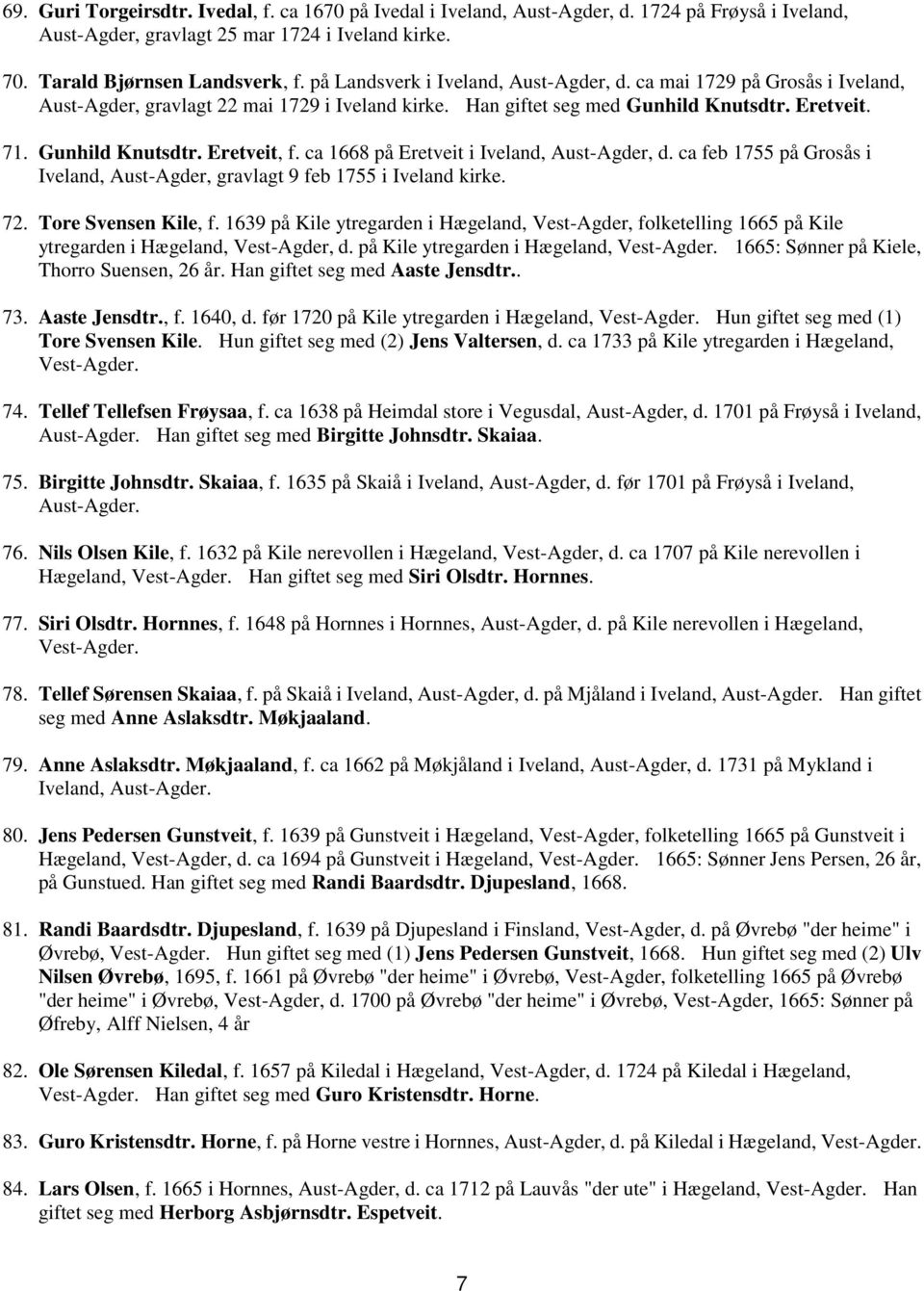 ca 1668 på Eretveit i Iveland, Aust-Agder, d. ca feb 1755 på Grosås i Iveland, Aust-Agder, gravlagt 9 feb 1755 i Iveland kirke. 72. Tore Svensen Kile, f.