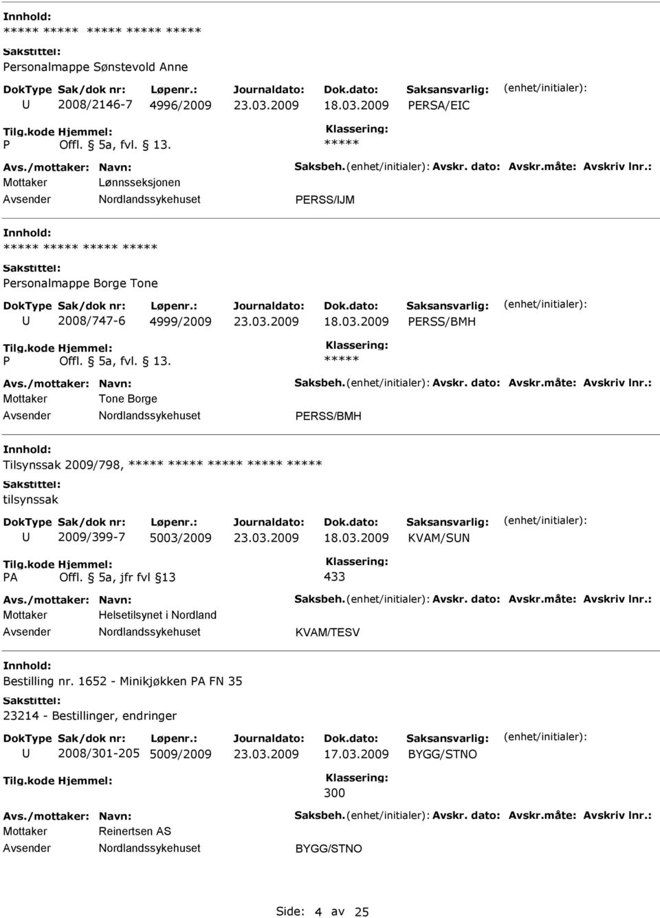 : Mottaker Tone Borge ERSS/BMH Tilsynssak 2009/798, tilsynssak 2009/399-7 5003/2009 KVAM/SN A Offl. 5a, jfr fvl 13 433 Avs./mottaker: Navn: Saksbeh. Avskr. dato: Avskr.