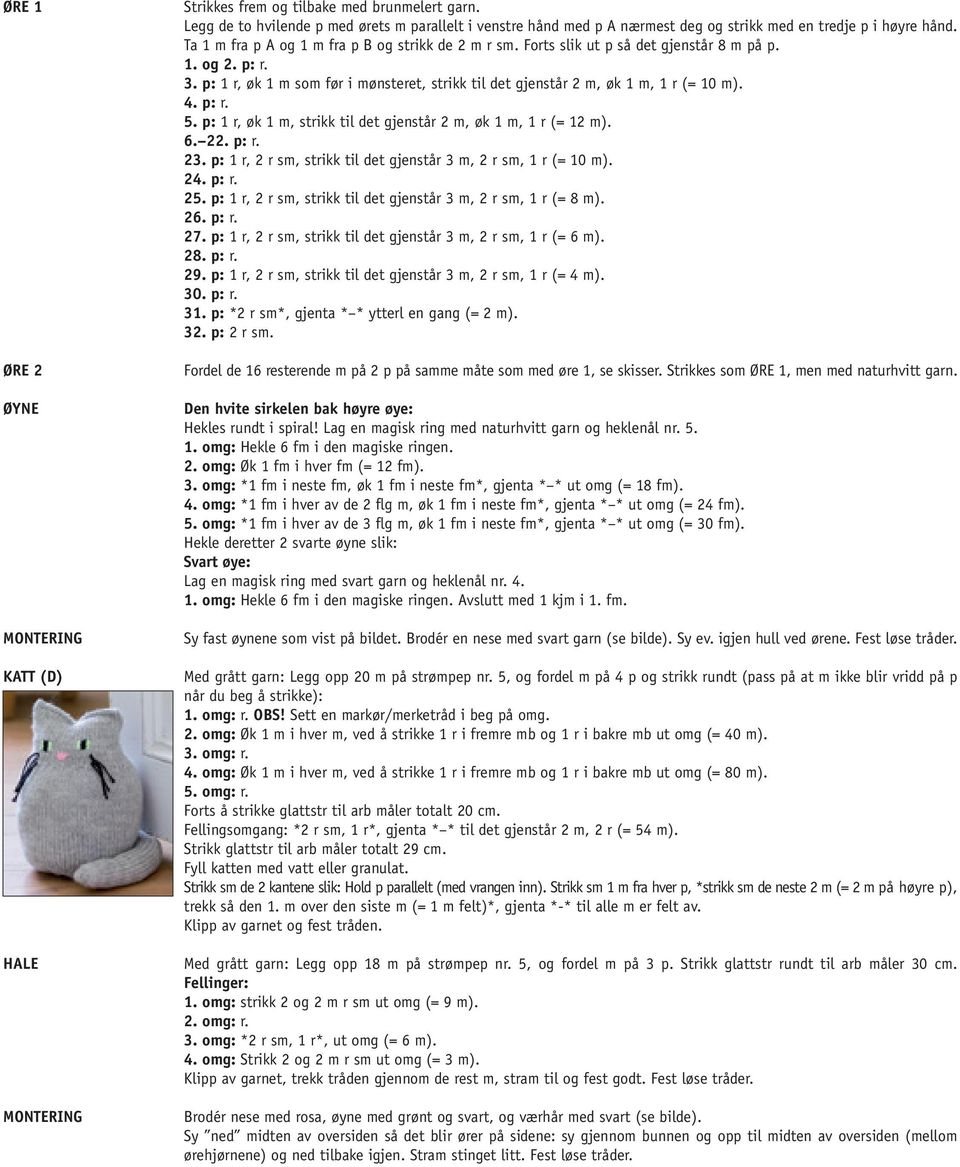 4. p: r. 5. p: 1 r, øk 1 m, strikk til det gjenstår 2 m, øk 1 m, 1 r (= 12 m). 6. 22. p: r. 23. p: 1 r, 2 r sm, strikk til det gjenstår 3 m, 2 r sm, 1 r (= 10 m). 24. p: r. 25.