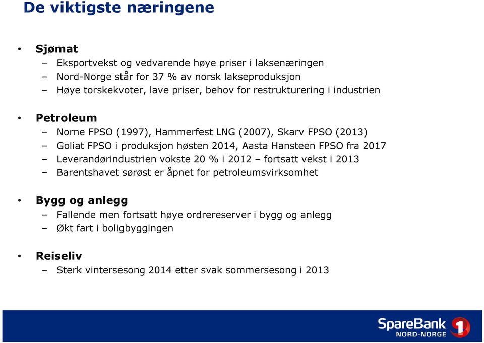 2014, Aasta Hansteen FPSO fra 2017 Leverandørindustrien vokste 20 % i 2012 fortsatt vekst i 2013 Barentshavet sørøst er åpnet for petroleumsvirksomhet Bygg