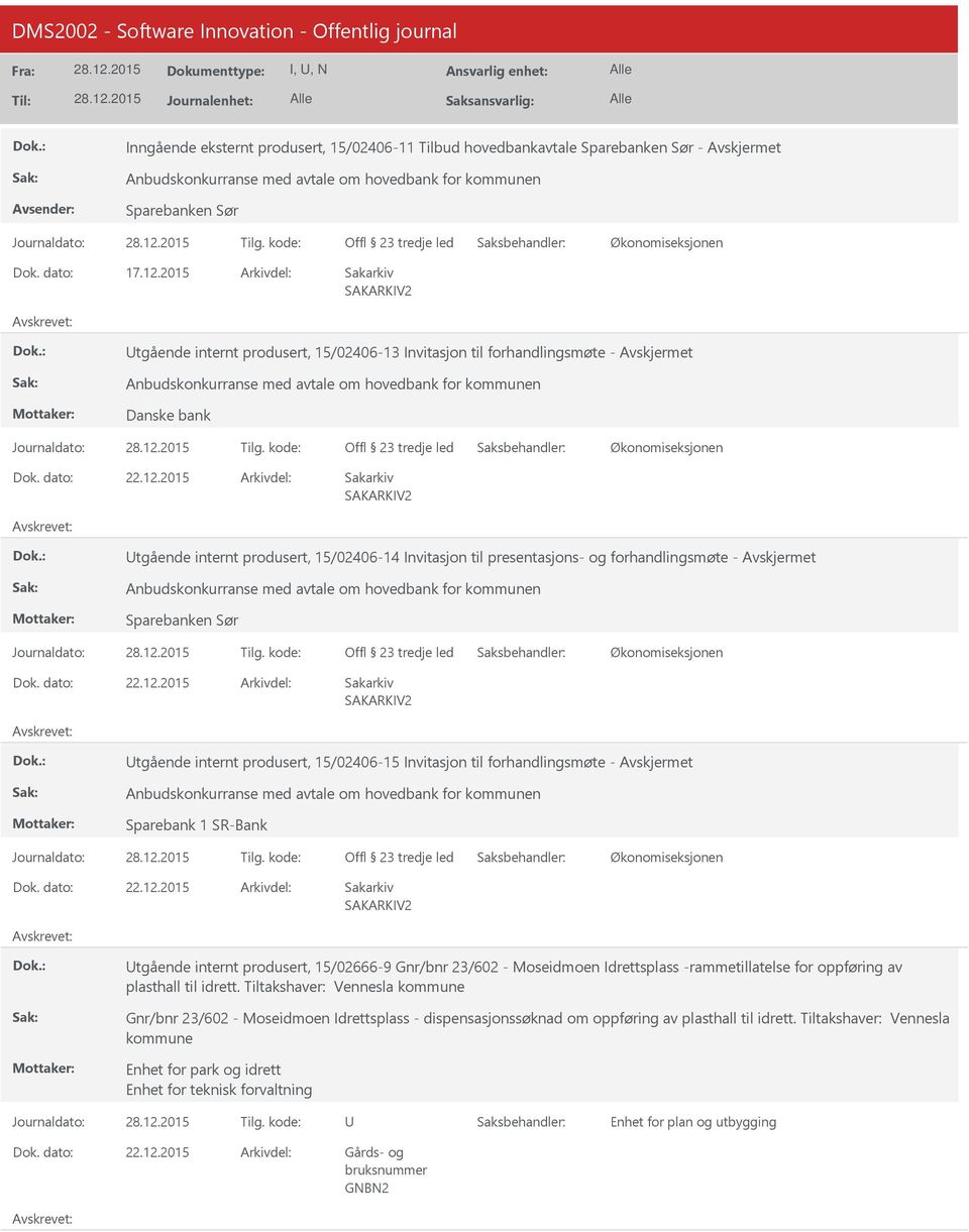 2015 tgående internt produsert, 15/02406-14 Invitasjon til presentasjons- og forhandlingsmøte - Anbudskonkurranse med avtale om hovedbank for kommunen Sparebanken Sør Offl 23 tredje led 22.12.