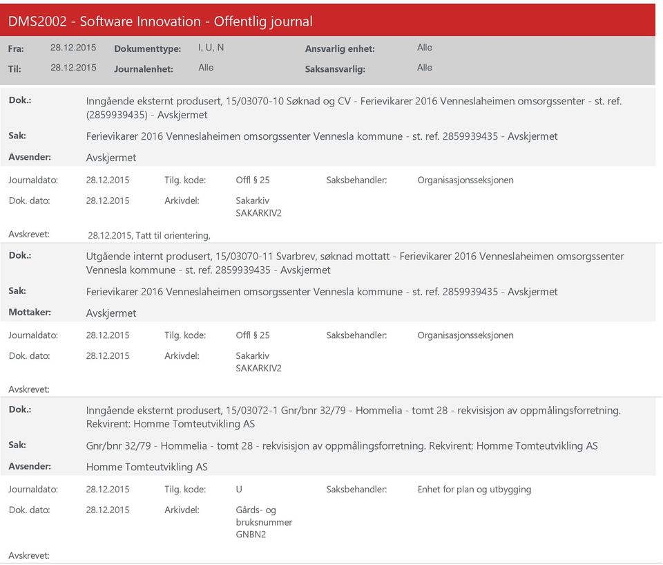 2859939435 -, Tatt til orientering, tgående internt produsert, 15/03070-11 Svarbrev, søknad mottatt - Ferievikarer 2016 Venneslaheimen omsorgssenter Vennesla kommune - st. ref.