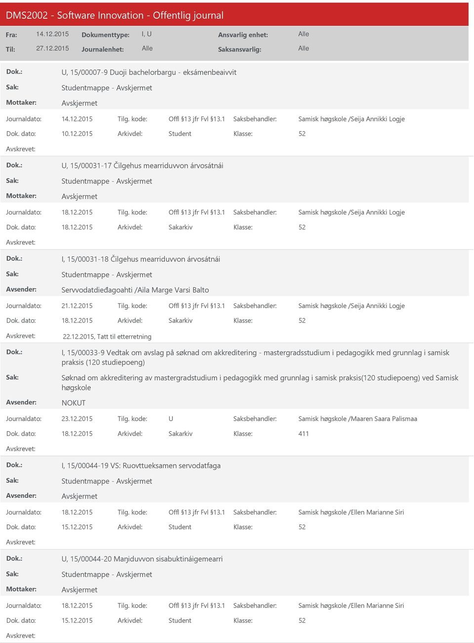 akkreditering av mastergradstudium i pedagogikk med grunnlag i samisk praksis(120 studiepoeng) ved Samisk høgskole NOKT Samisk høgskole /Maaren Saara Palismaa 18.12.2015 411 I, 15/00044-19 VS: Ruovttueksamen servodatfaga Studentmappe - 15.