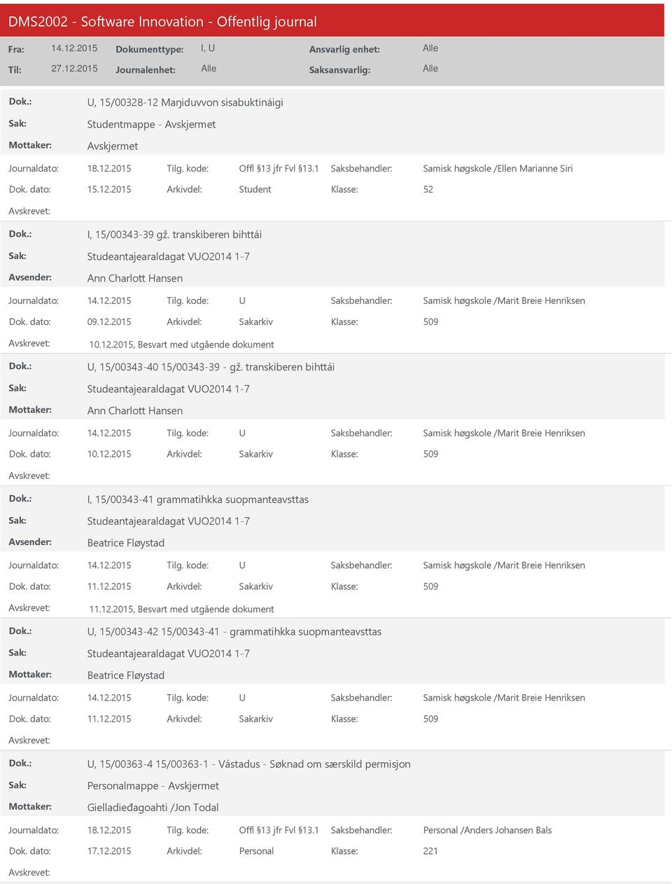 transkiberen bihttái Studeantajearaldagat VO2014 1-7 Ann Charlott Hansen Samisk høgskole /Marit Breie Henriksen 10.12.