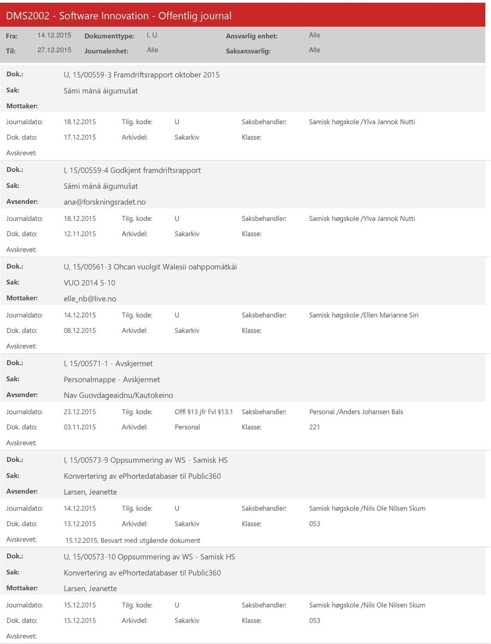 11.2015 Personal 221 I, 15/00573-9 Oppsummering av WS - Samisk HS Konvertering av ephortedatabaser til Public360 Larsen, Jeanette Samisk høgskole /Nils Ole Nilsen Skum 13.12.