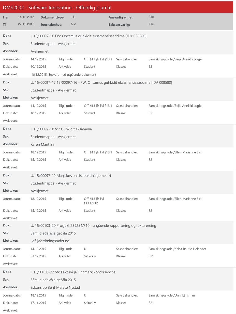 12.2015 Student, 15/00097-19 Maŋiduvvon sisabuktináigemearri Studentmappe - Offl 13 jfr Fvl 13.1pkt2 15.12.2015 Student, 15/00103-20 Prosjekt 239254/F10 - angående rapportering og fakturereing Sámi dieđalaš áigečála 2015 'jof@forskningsradet.