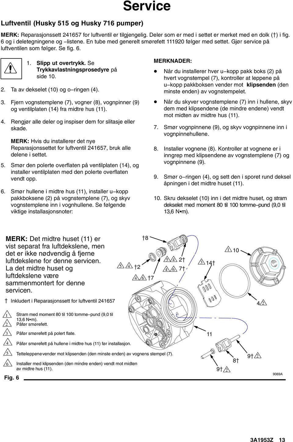 . Ta av dekselet (0) og o ringen (4). 3. Fjern vognstemplene (7), vogner (8), vognpinner (9) og ventilplaten (4) fra midtre hus (). 4. Rengjør alle deler og inspiser dem for slitasje eller skade.