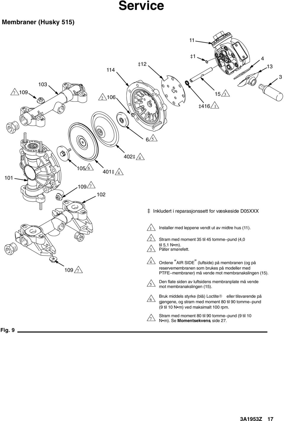 09 7 4 Ordene AIR SIDE (luftside) på membranen (og på reservemembranen som brukes på modeller med PTFE membraner) må vende mot membranakslingen (5).