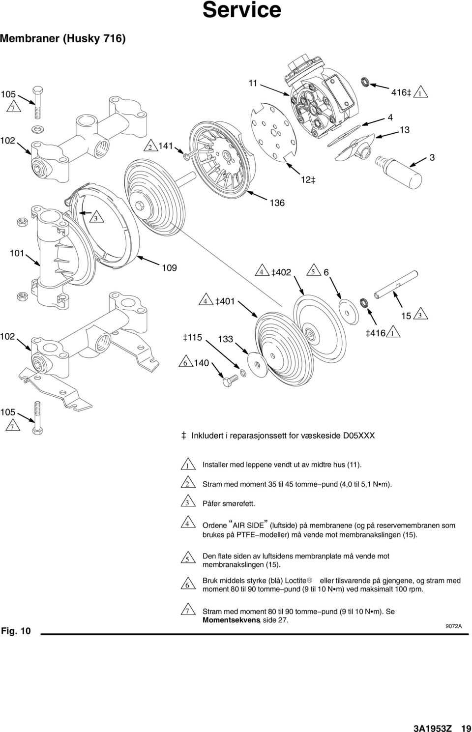 Ordene AIR SIDE (luftside) på membranene (og på reservemembranen som brukes på PTFE modeller) må vende mot membranakslingen (5).