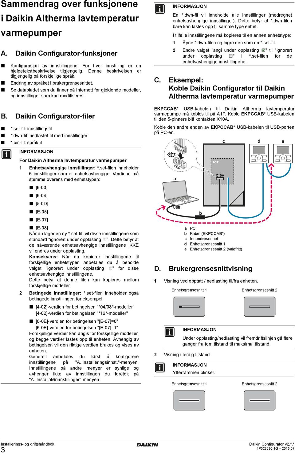 Se databladet som du finner på Internett for gjeldende modeller, og innstillinger som kan modifiseres. B. Daikin Configurator-filer *.set-fil: innstillingsfil *.