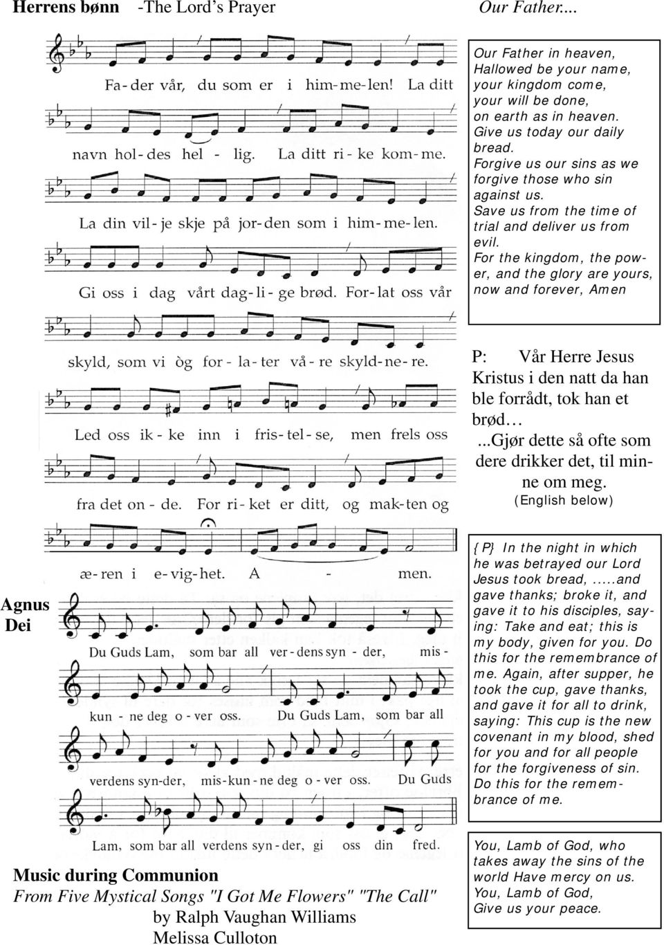 For the kingdom, the power, and the glory are yours, now and forever, Amen P: Vår Herre Jesus Kristus i den natt da han ble forrådt, tok han et brød.