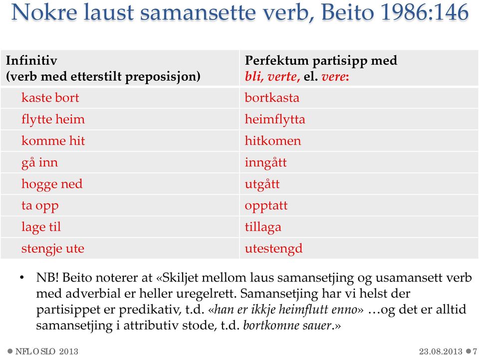 Beito noterer at «Skiljet mellom laus samansetjing og usamansett verb med adverbial er heller uregelrett.
