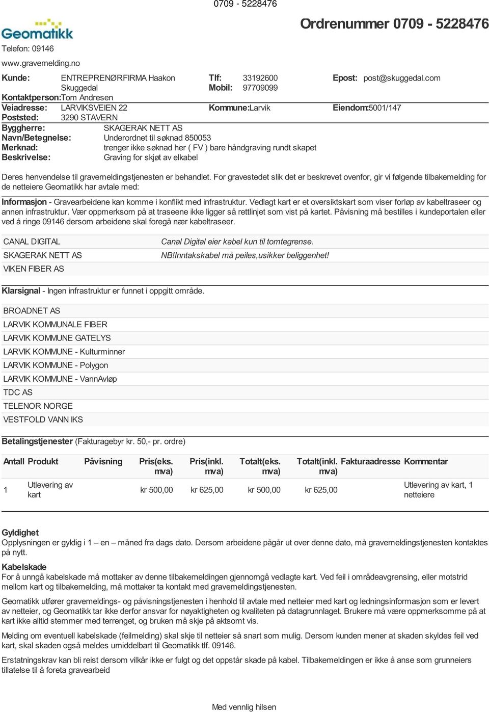 Navn/Betegnelse: Underordnet til søknad 850053 Merknad: trenger ikke søknad her ( FV ) bare håndgraving rundt skapet Beskrivelse: Graving for skjøt av elkabel Epost: post@skuggedal.