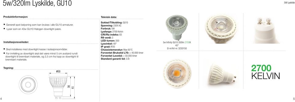 Lyser som en 40w GU10 Halogen downlight pære.