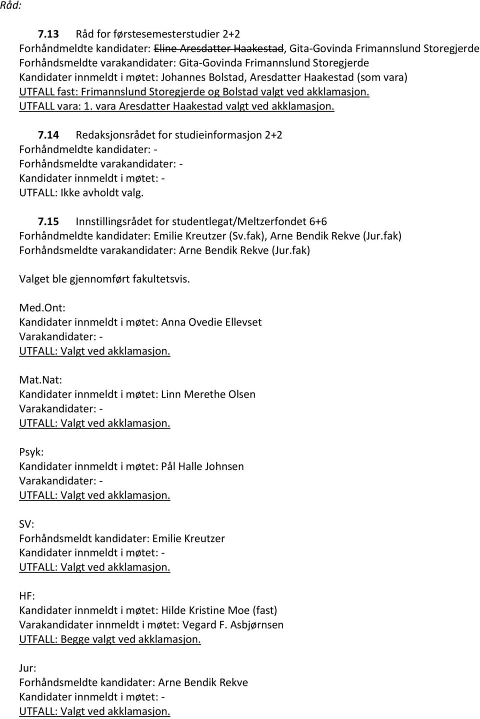 Kandidater innmeldt i møtet: Johannes Bolstad, Aresdatter Haakestad (som vara) UTFALL fast: Frimannslund Storegjerde og Bolstad valgt ved akklamasjon. UTFALL vara: 1.