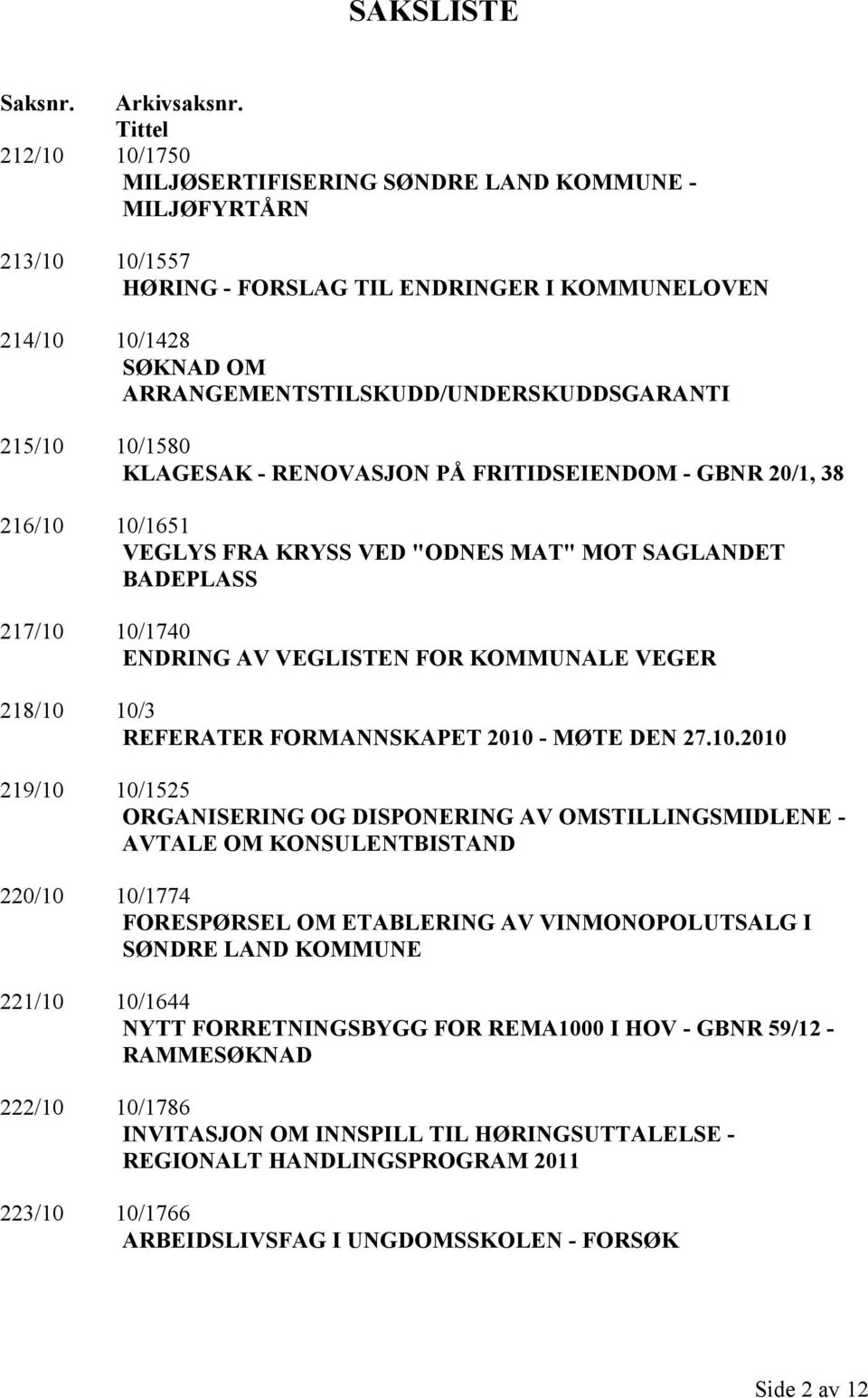 ARRANGEMENTSTILSKUDD/UNDERSKUDDSGARANTI 215/10 10/1580 KLAGESAK - RENOVASJON PÅ FRITIDSEIENDOM - GBNR 20/1, 38 216/10 10/1651 VEGLYS FRA KRYSS VED "ODNES MAT" MOT SAGLANDET BADEPLASS 217/10 10/1740