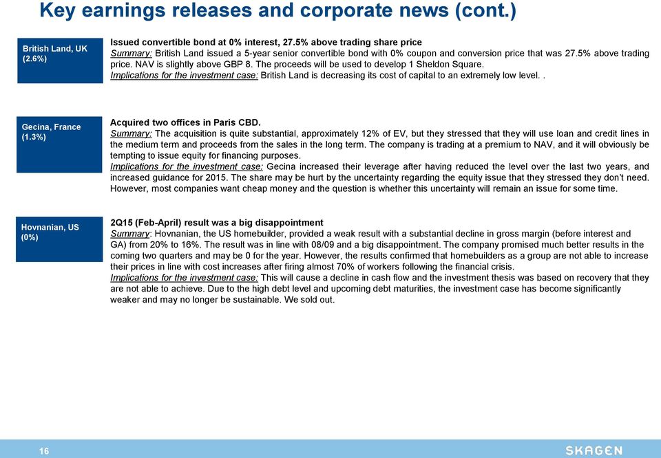 The proceeds will be used to develop 1 Sheldon Square. Implications for the investment case: British Land is decreasing its cost of capital to an extremely low level.. Gecina, France (1.