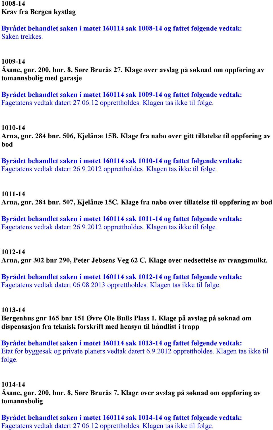 Klagen tas ikke til følge. 1010-14 Arna, gnr. 284 bnr. 506, Kjelånæ 15B.