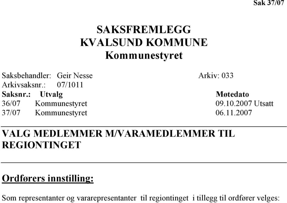 11.2007 VALG MEDLEMMER M/VARAMEDLEMMER TIL REGIONTINGET Ordførers innstilling: Som