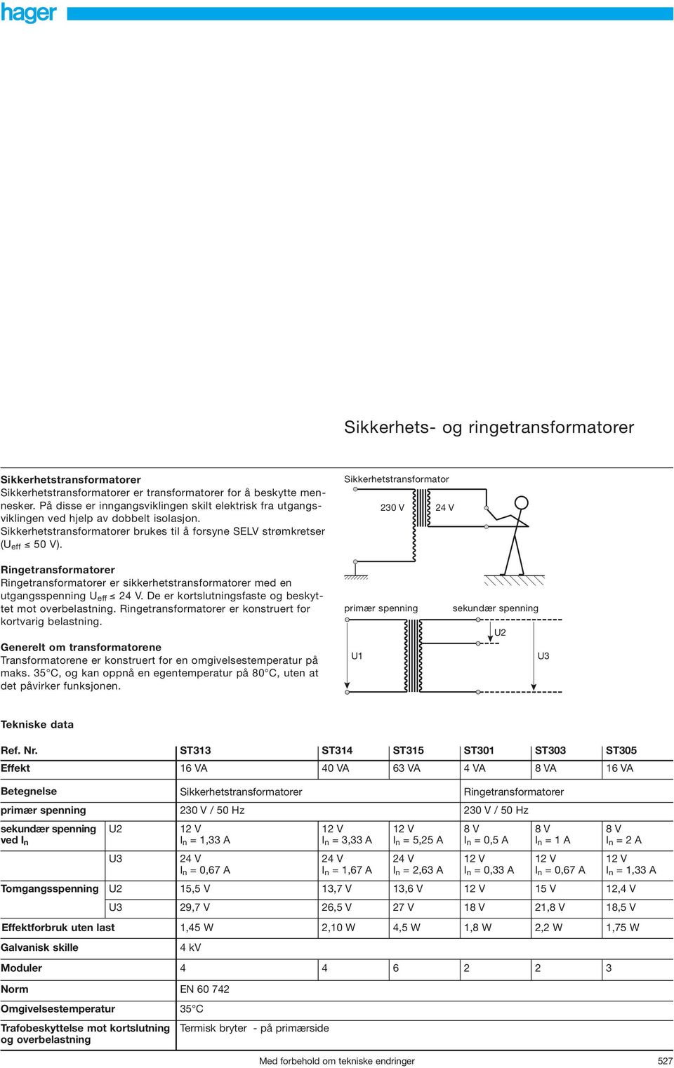 Sikkerhetstransformator 230 V Ringetransformatorer Ringetransformatorer er sikkerhetstransformatorer med en utgangsspenning U eff. De er kortslutningsfaste og beskyttet mot overbelastning.