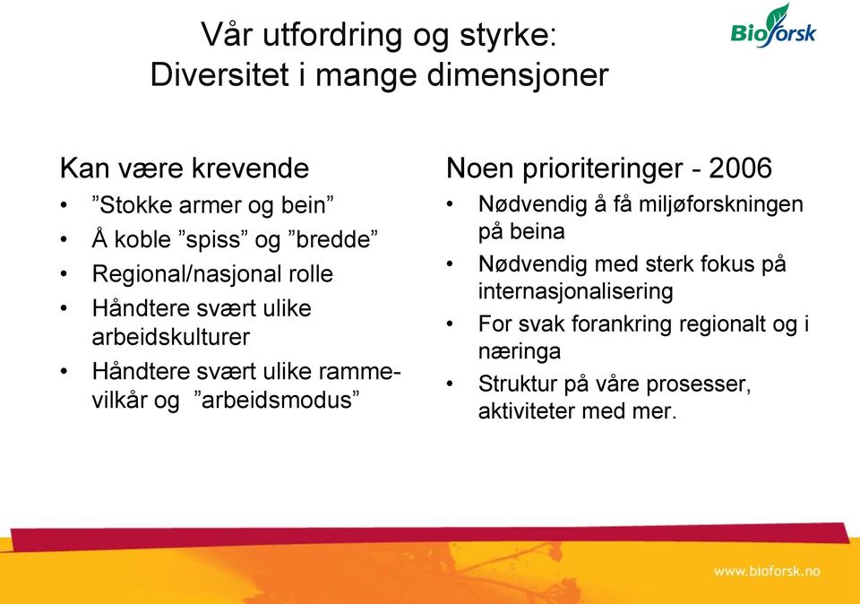 arbeidsmodus Noen prioriteringer - 2006 Nødvendig å få miljøforskningen på beina Nødvendig med sterk fokus på