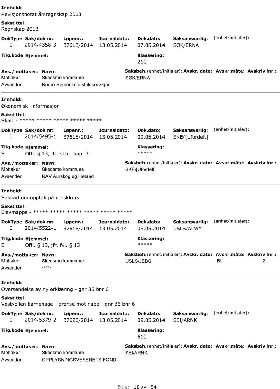 vskr. dato: vskr.måte: vskriv lnr.: SKE/[Ufordelt] vsender NV urskog og Høland nnhold: om opptak på norskkurs Elevmappe - 2014/5522-1 37618/2014 06.05.2014 USLS/LWY E vs./mottaker: Navn: Saksbeh.