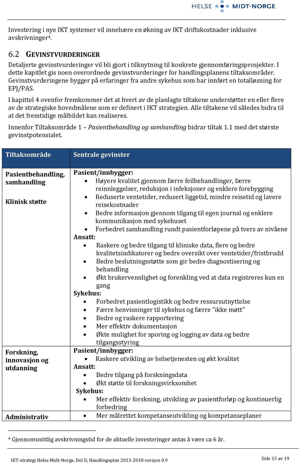 I dette kapitlet gis noen overordnede gevinstvurderinger for handlingsplanens tiltaksområder. Gevinstvurderingene bygger på erfaringer fra andre sykehus som har innført en totalløsning for EPJ/PAS.