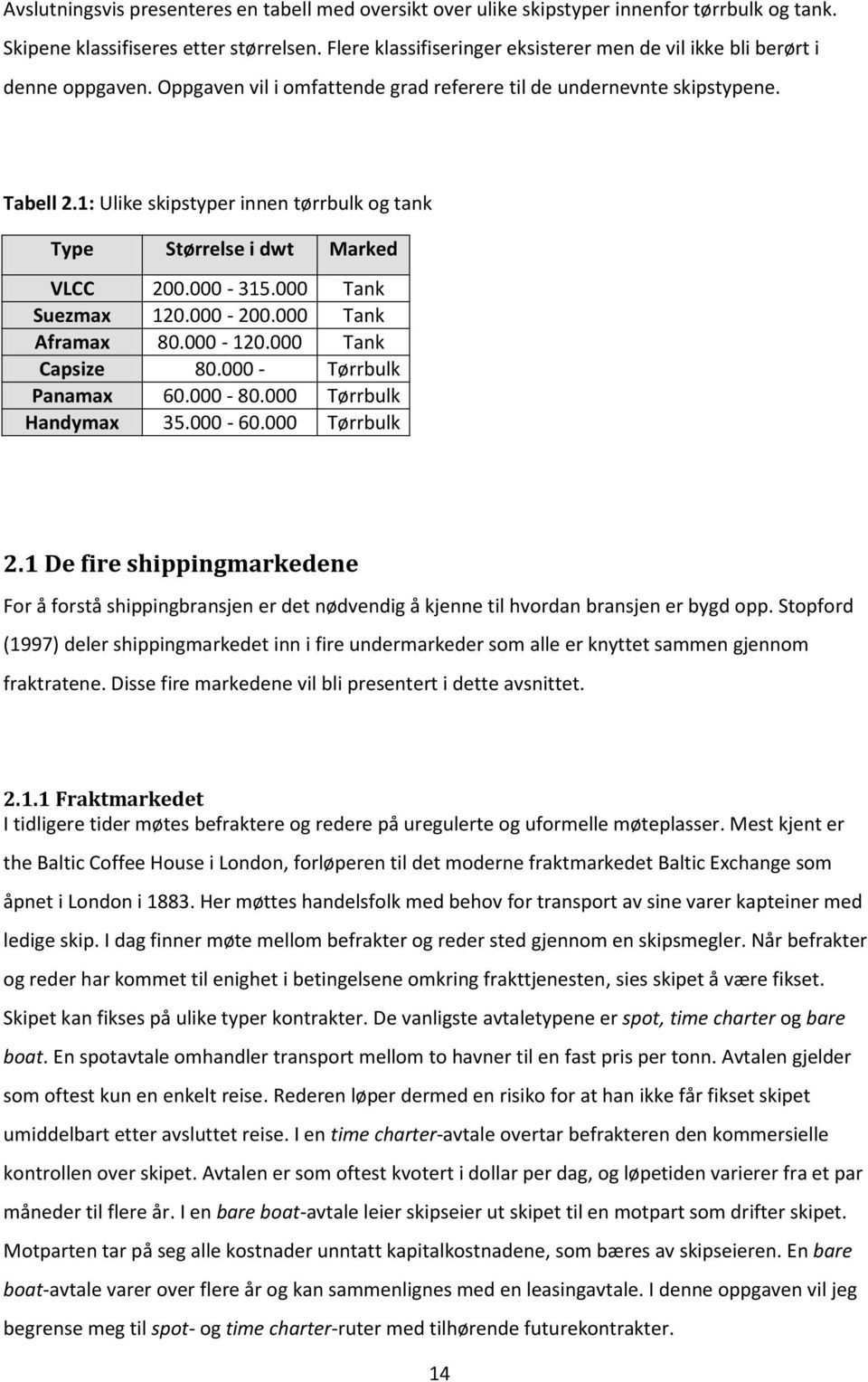 1: Ulike skipstyper innen tørrbulk og tank Type Størrelse i dwt Marked VLCC 200.000-315.000 Tank Suezmax 120.000-200.000 Tank Aframax 80.000-120.000 Tank Capsize 80.000 - Tørrbulk Panamax 60.000-80.