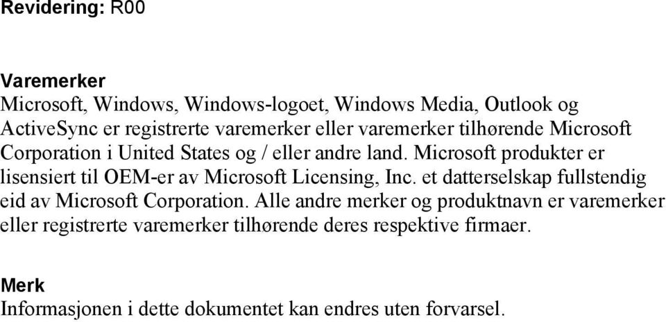 Microsoft produkter er lisensiert til OEM-er av Microsoft Licensing, Inc. et datterselskap fullstendig eid av Microsoft Corporation.