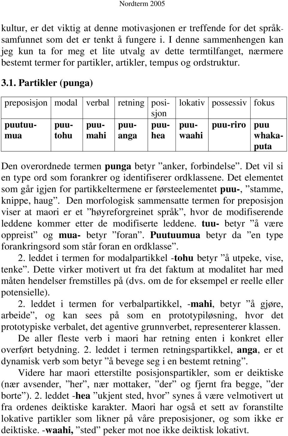 Partikler (punga) lokativ possessiv fokus preposisjon modal verbal retning posisjon puutuumutohmahanga puu- puu- puu- puuhea puuwaahi puu-riro puu whakaputa Den overordnede termen punga betyr anker,