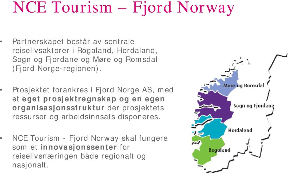 Prosjektet forankres i Fjord Norge AS, med et eget prosjektregnskap og en egen organisasjonsstruktur der