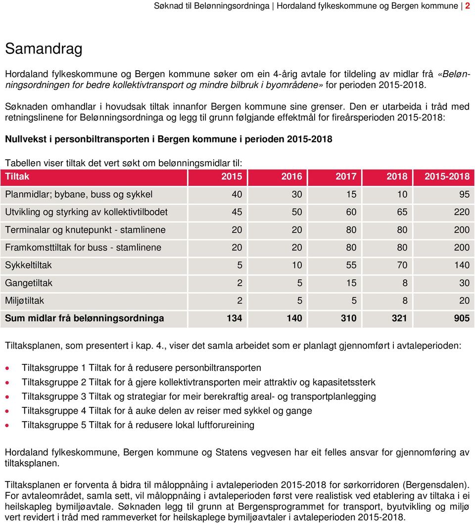 Den er utarbeida i tråd med retningslinene for Belønningsordninga og legg til grunn følgjande effektmål for fireårsperioden 2015-2018: Nullvekst i personbiltransporten i Bergen kommune i perioden