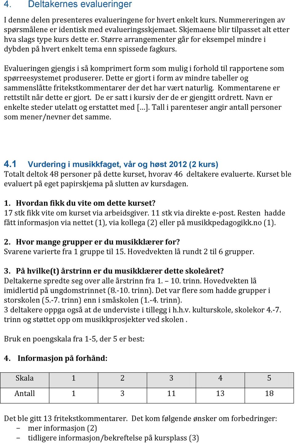 Evalueringen gjengis i så komprimert form som mulig i forhold til rapportene som spørreesystemet produserer.