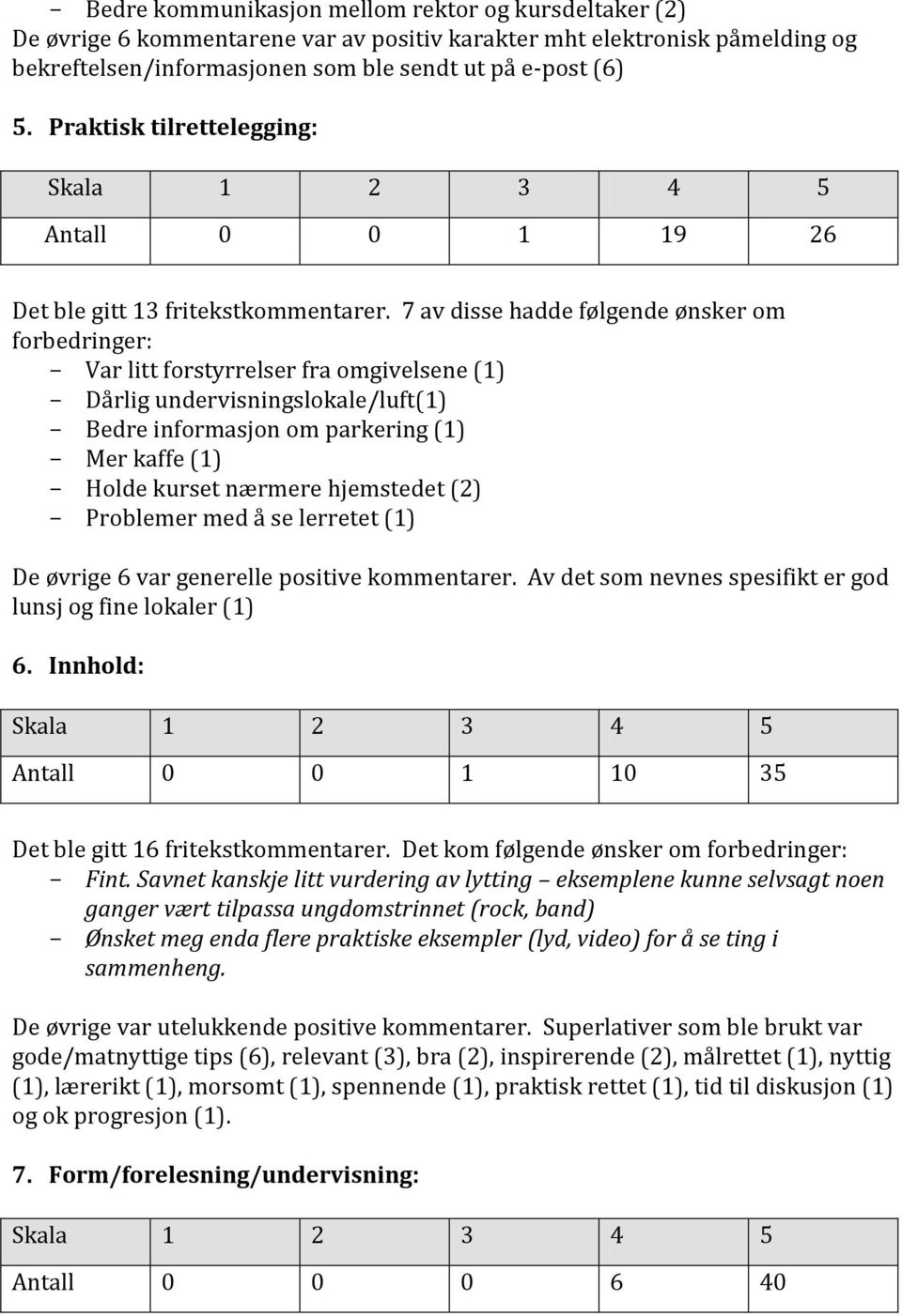 7 av disse hadde følgende ønsker om forbedringer: Var litt forstyrrelser fra omgivelsene (1) Dårlig undervisningslokale/luft(1) Bedre informasjon om parkering (1) Mer kaffe (1) Holde kurset nærmere