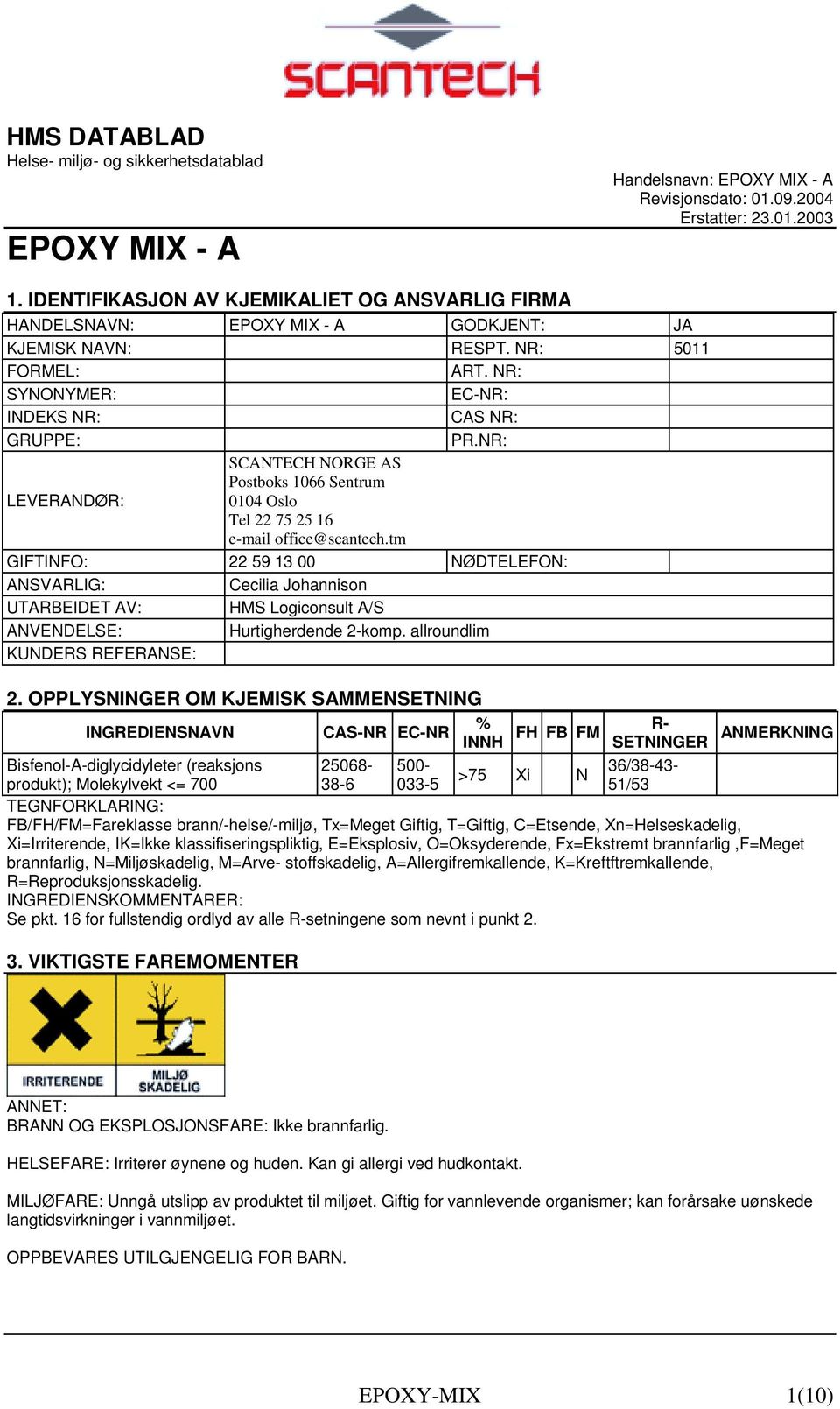 NR: LEVERANDØR: SCANTECH NORGE AS Postboks 1066 Sentrum 0104 Oslo Tel 22 75 25 16 e-mail office@scantech.