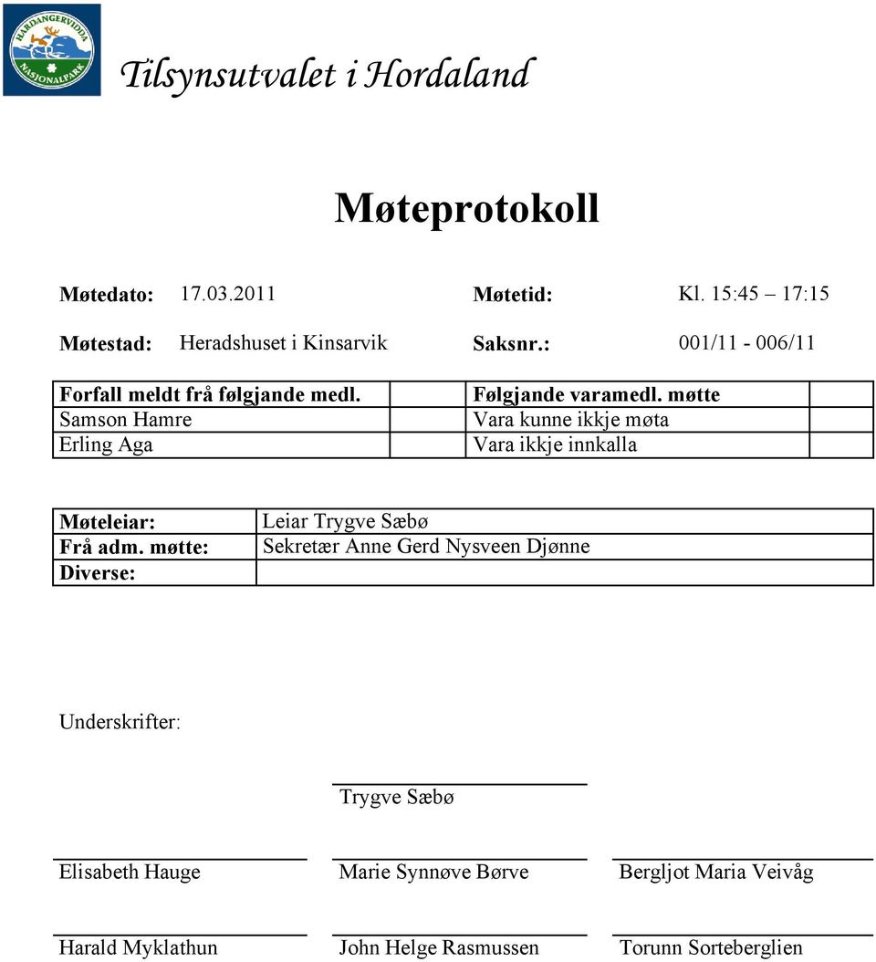 Samson Hamre Erling Aga Følgjande varamedl. møtte Vara kunne ikkje møta Vara ikkje innkalla Møteleiar: Frå adm.