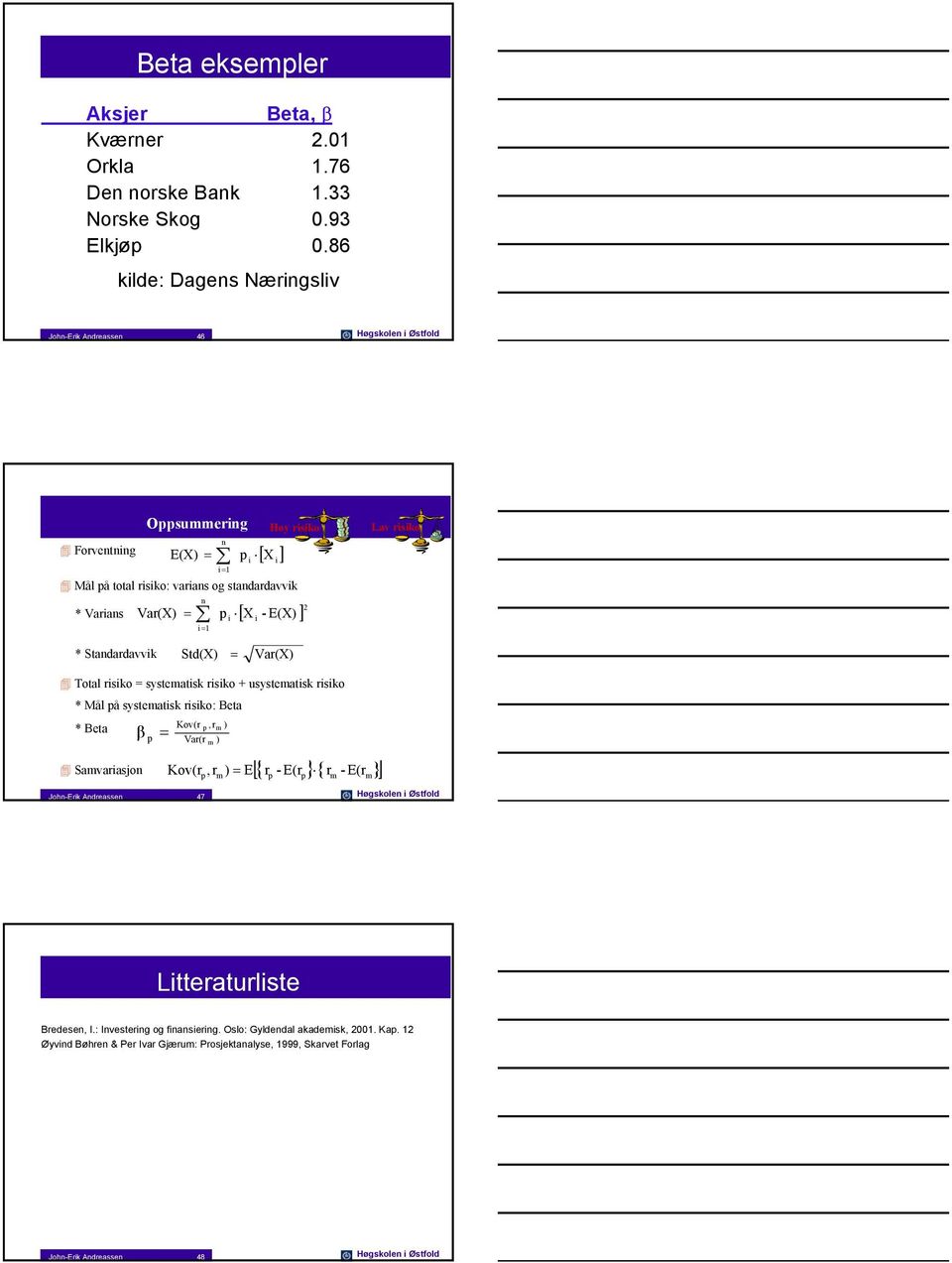 ] 2 Lav rsko * Standardavvk Std() = Var() Total rsko = systematsk rsko + usystematsk rsko * Mål å systematsk rsko: Beta * Beta β = Kov(r,rm ) Var(r m ) Kov(r, r ) = E [{ r - E(r } { r