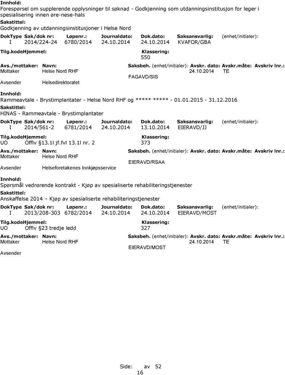 2016 HINAS - Rammeavtale - Brystimplantater I 2014/561-2 6781/2014 24.10.2014 13.10.2014 EIERAVD/JJ UO Offlv 13.1l jf.fvl 13.1l nr.