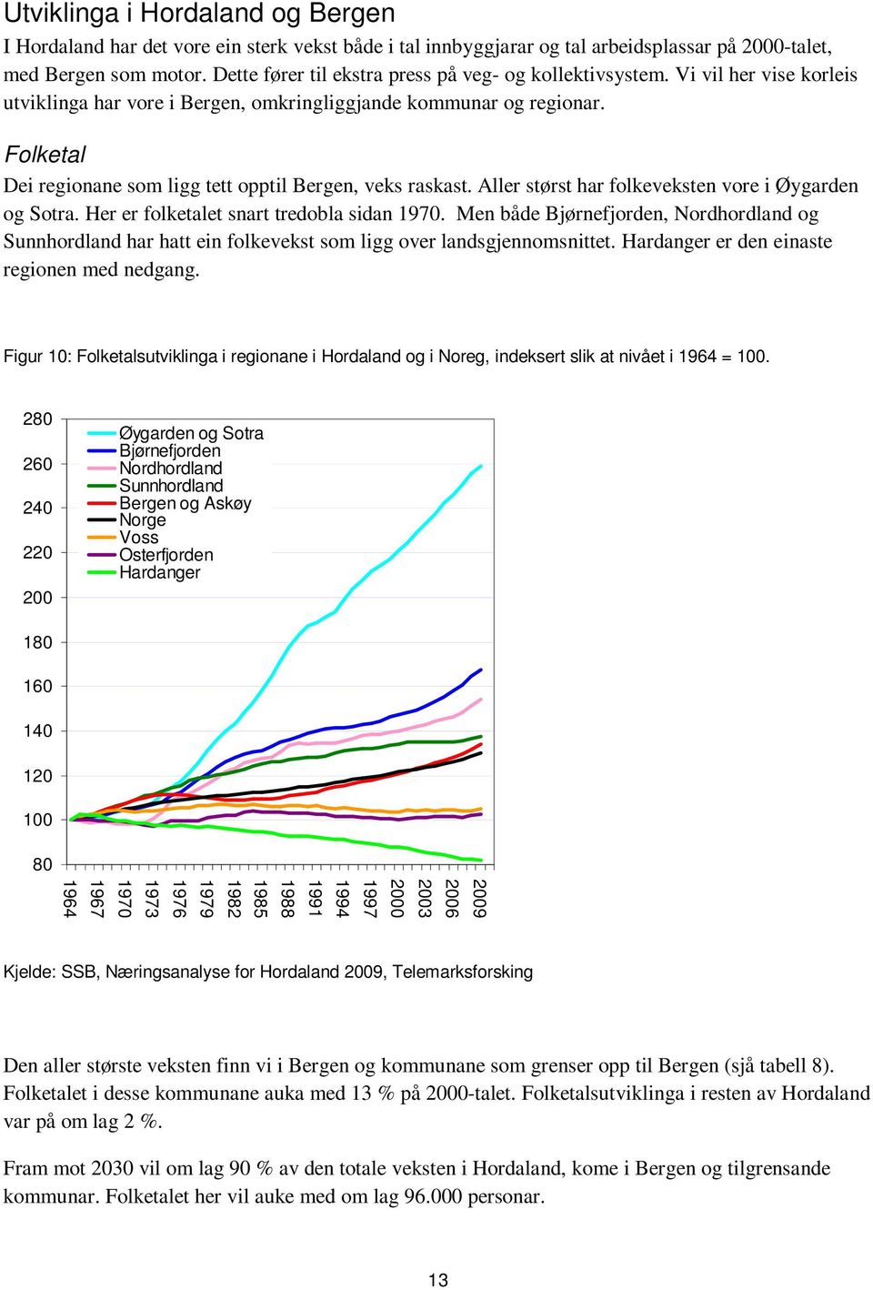 Folketal Dei regionane som ligg tett opptil Bergen, veks raskast. Aller størst har folkeveksten vore i Øygarden og Sotra. Her er folketalet snart tredobla sidan 1970.