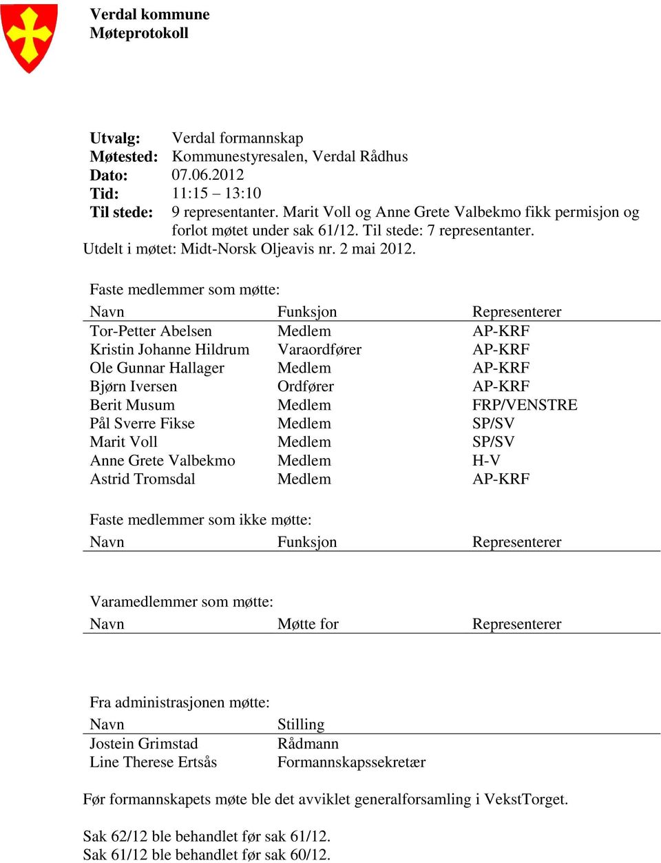 Faste medlemmer som møtte: Navn Funksjon Representerer Tor-Petter Abelsen Medlem AP-KRF Kristin Johanne Hildrum Varaordfører AP-KRF Ole Gunnar Hallager Medlem AP-KRF Bjørn Iversen Ordfører AP-KRF