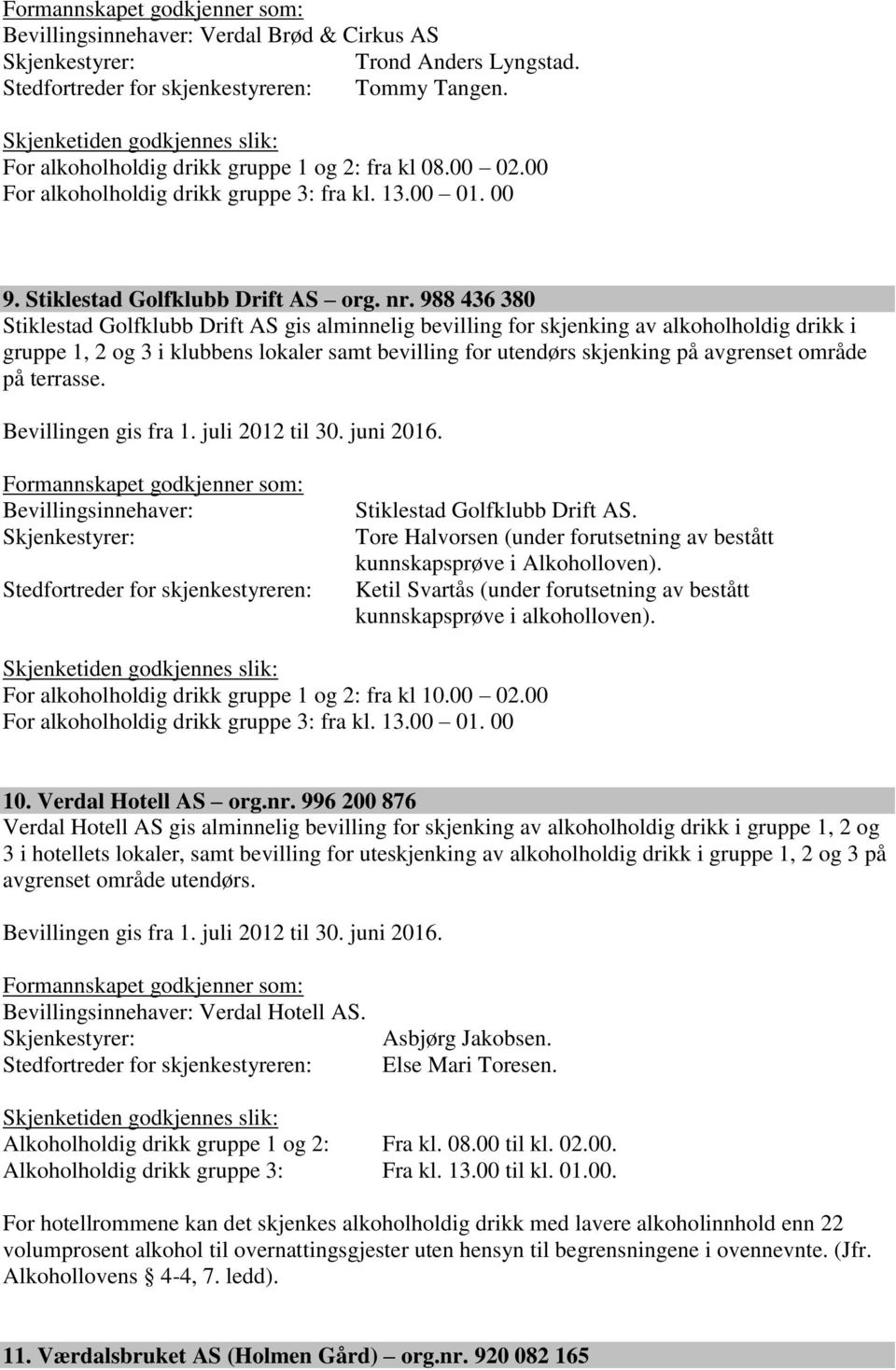 988 436 380 Stiklestad Golfklubb Drift AS gis alminnelig bevilling for skjenking av alkoholholdig drikk i gruppe 1, 2 og 3 i klubbens lokaler samt bevilling for utendørs skjenking på avgrenset område