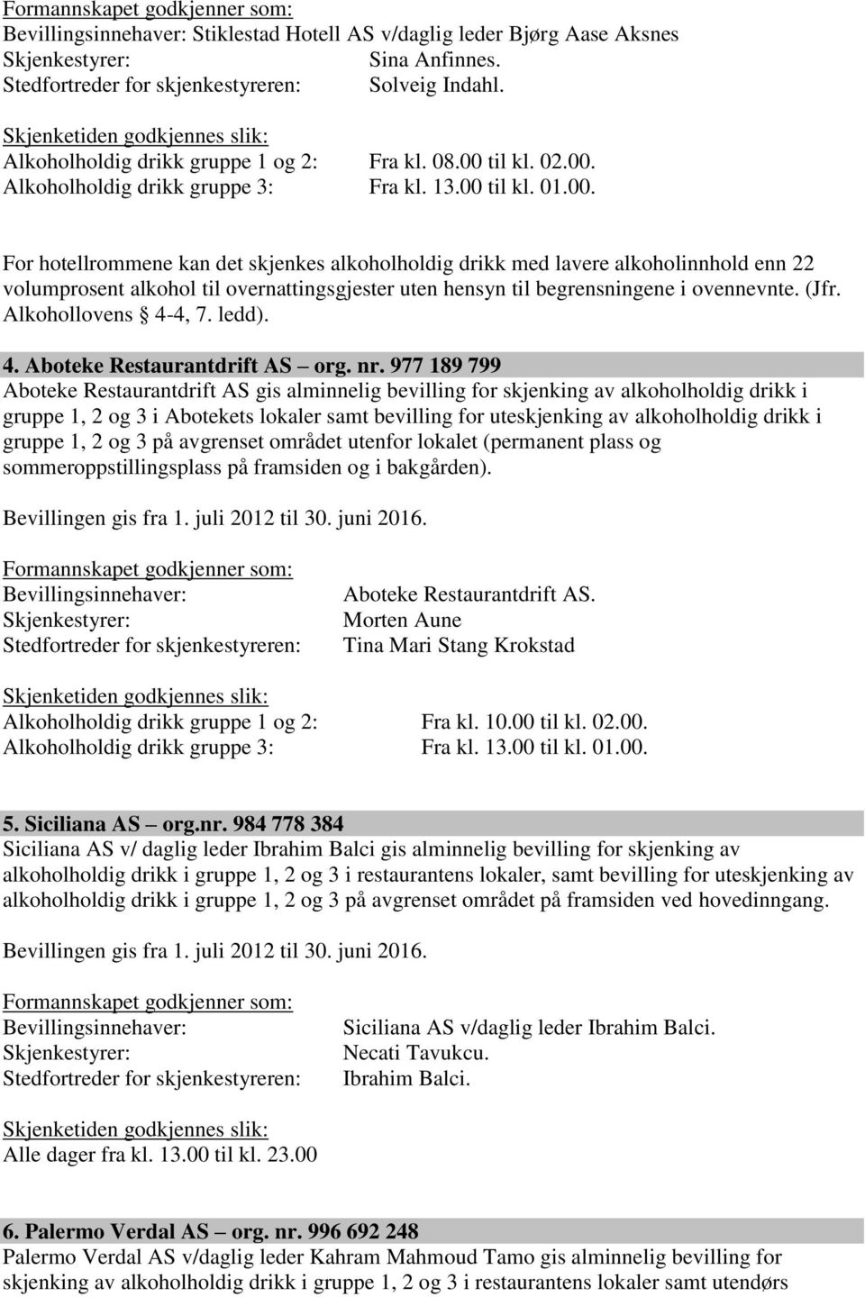 (Jfr. Alkohollovens 4-4, 7. ledd). 4. Aboteke Restaurantdrift AS org. nr.