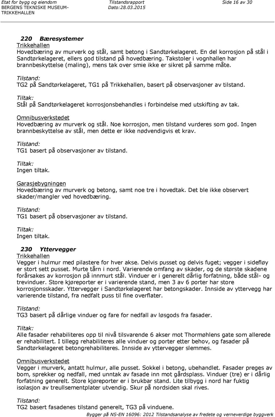 Takstoler i vognhallen har brannbeskyttelse (maling), mens tak over smie ikke er sikret på samme måte. TG2 på Sandtørkelageret, TG1 på Trikkehallen, basert på observasjoner av tilstand.