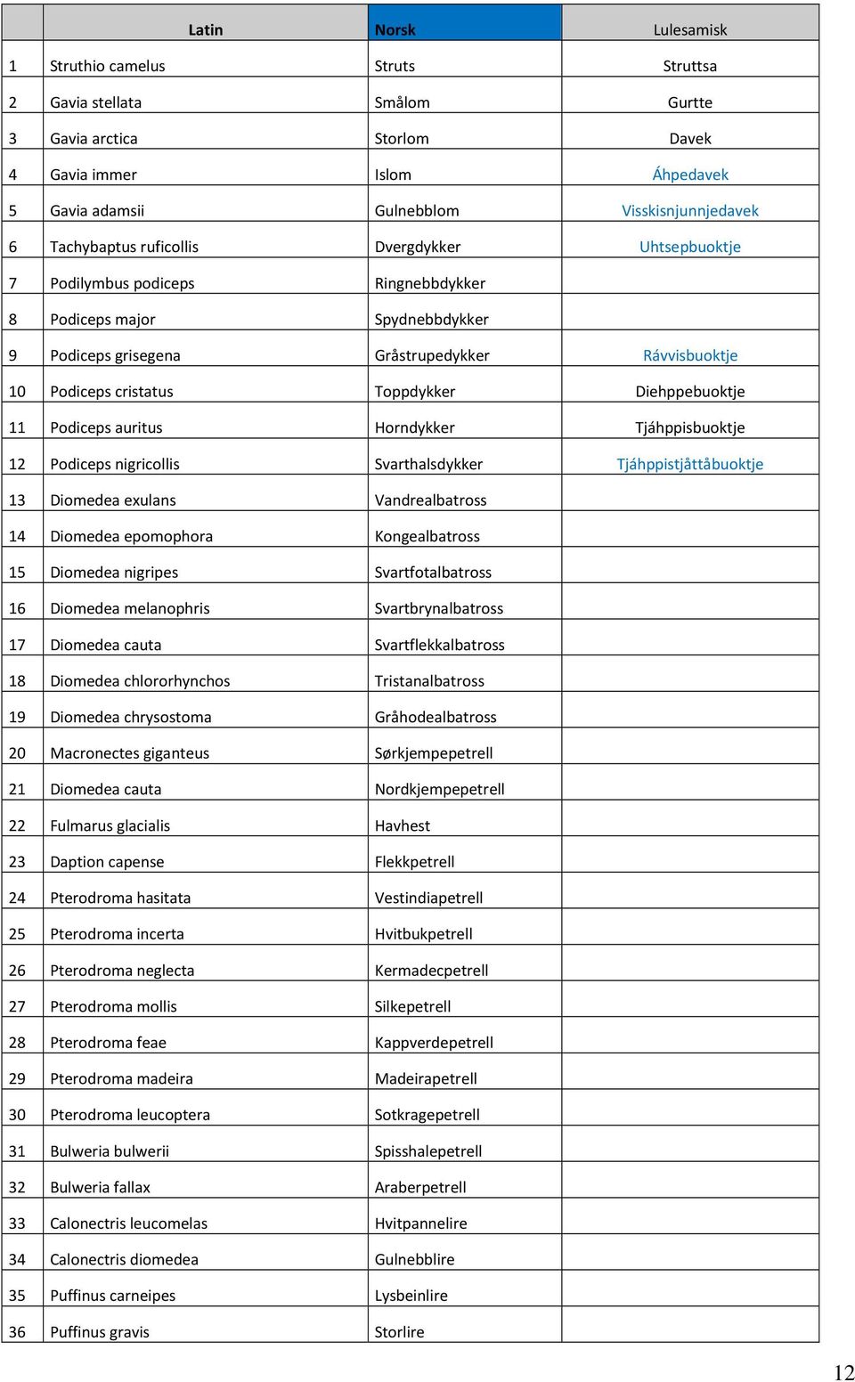 Toppdykker Diehppebuoktje 11 Podiceps auritus Horndykker Tjáhppisbuoktje 12 Podiceps nigricollis Svarthalsdykker Tjáhppistjåttåbuoktje 13 Diomedea exulans Vandrealbatross 14 Diomedea epomophora