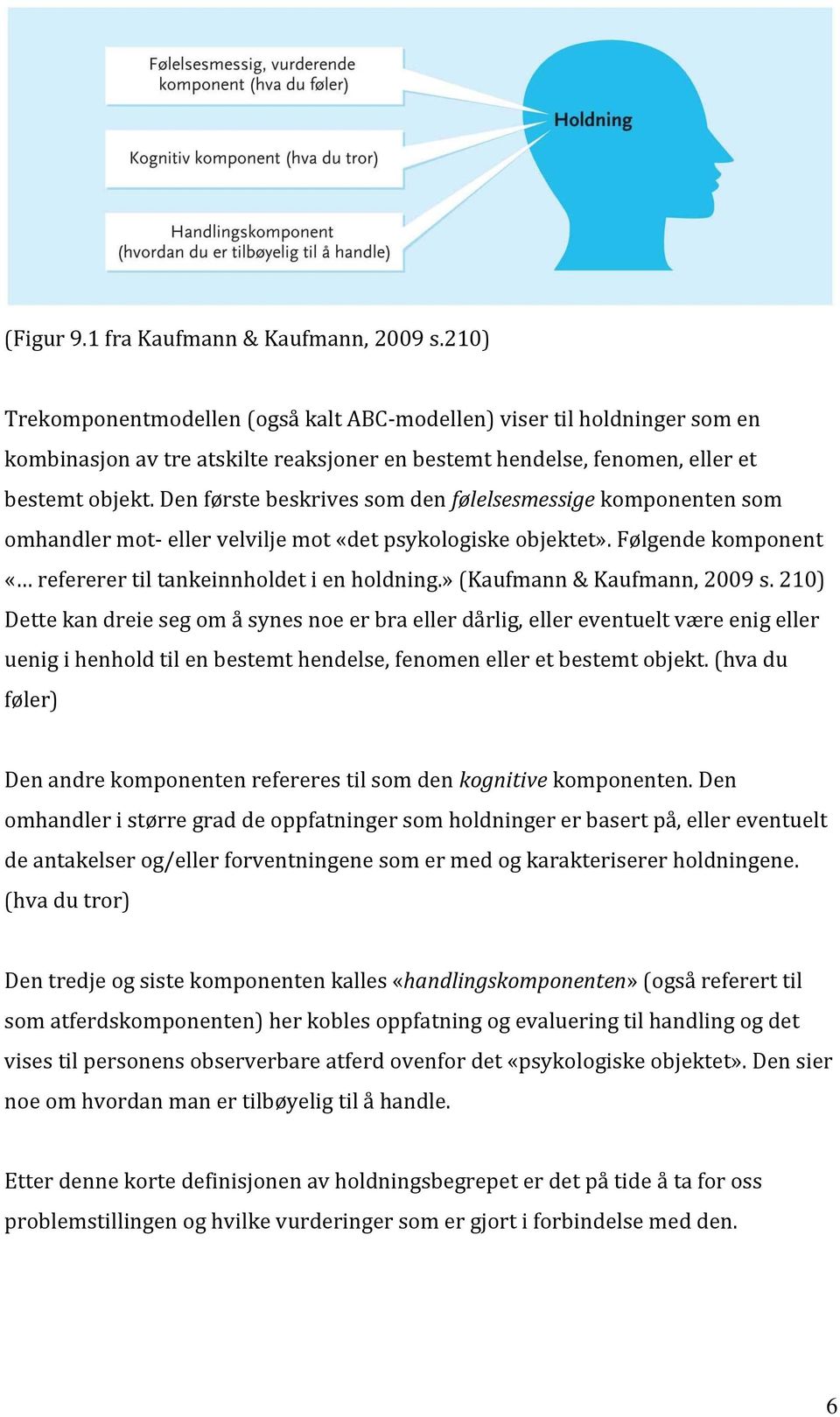 Den første beskrives som den følelsesmessige komponenten som omhandler mot- eller velvilje mot «det psykologiske objektet». Følgende komponent «refererer til tankeinnholdet i en holdning.